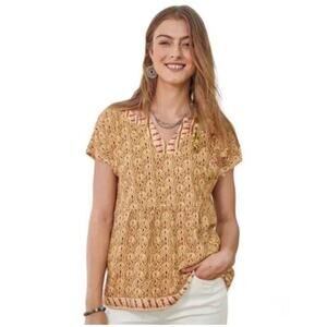 Sundance 100% Cotton Peplum Blouse Women’s Size S Yellow Red Top Shirt V-neck